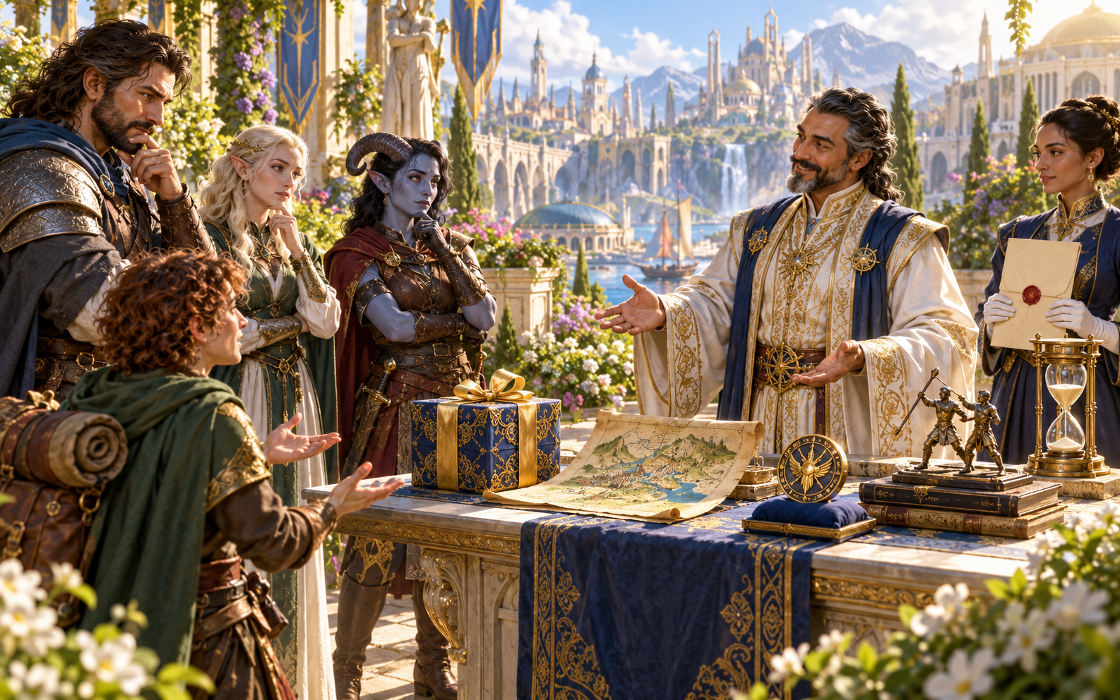 A patron presenting an offer to adventurers across a table with a gift map books invitation and hourglass