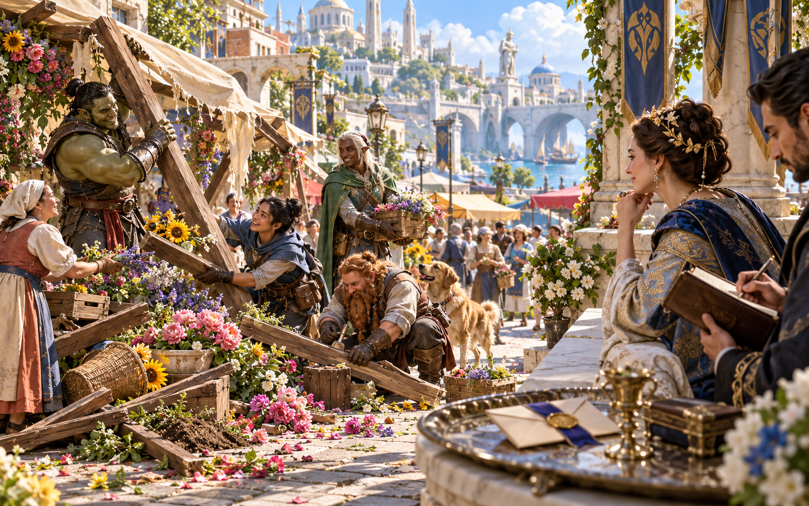 Adventurers helping at a flower stall while a noble observer watches and an aide records the moment