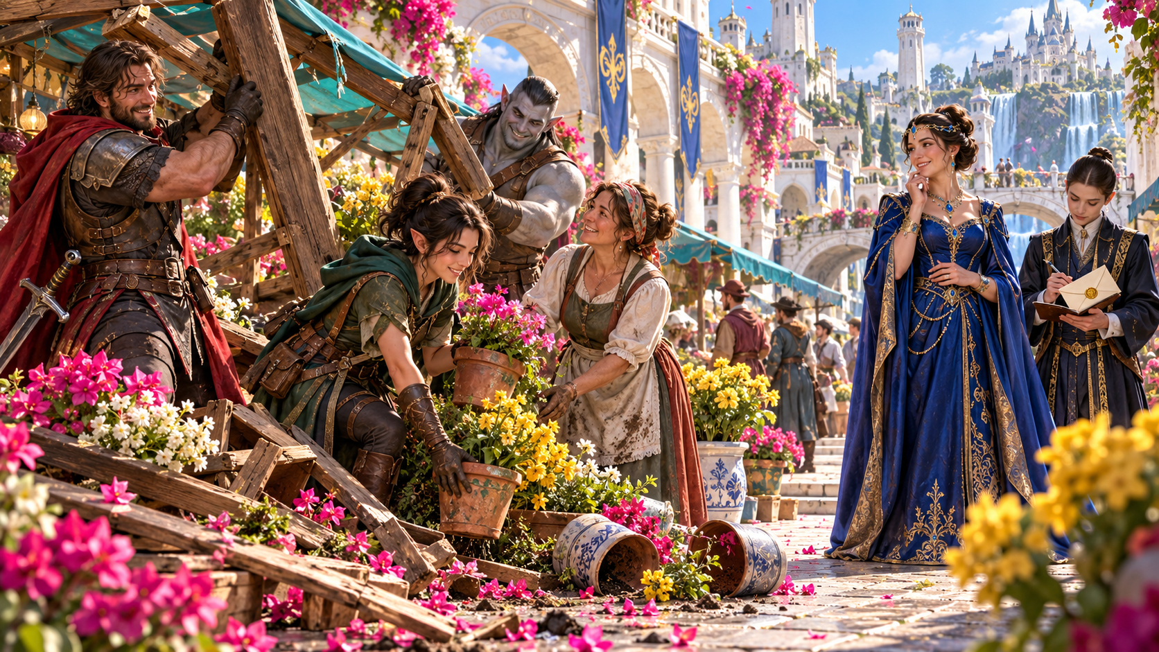 Adventurers repairing a flower stall while a noble observer and an aide notice them