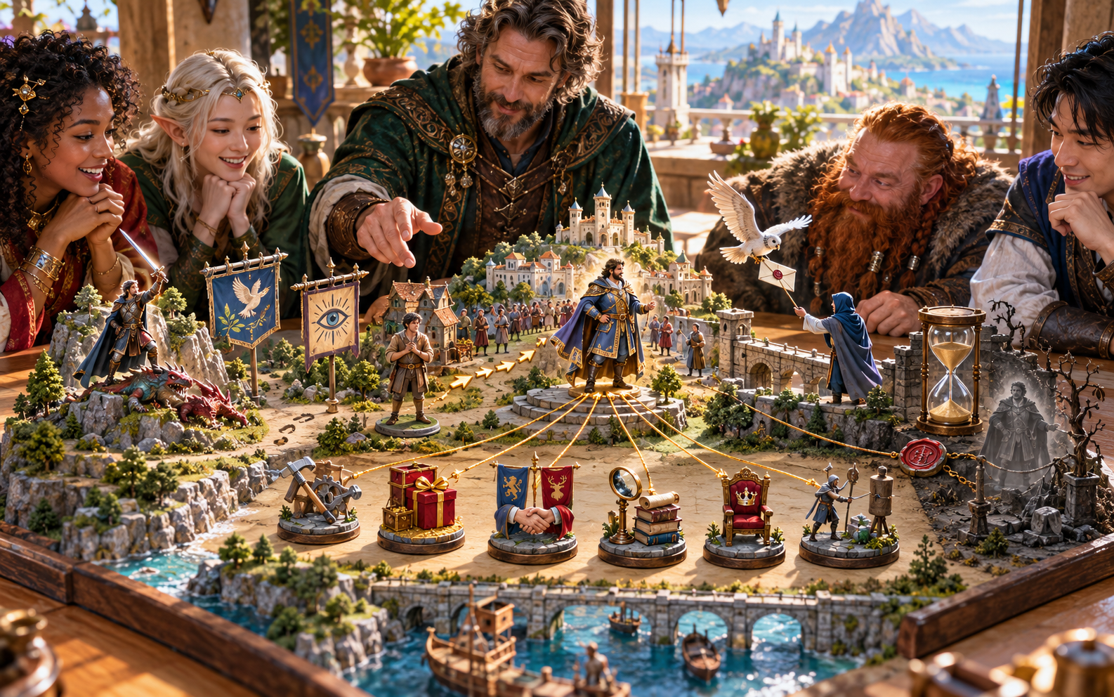 A tabletop scene showing a patron offer options a messenger timing and private context